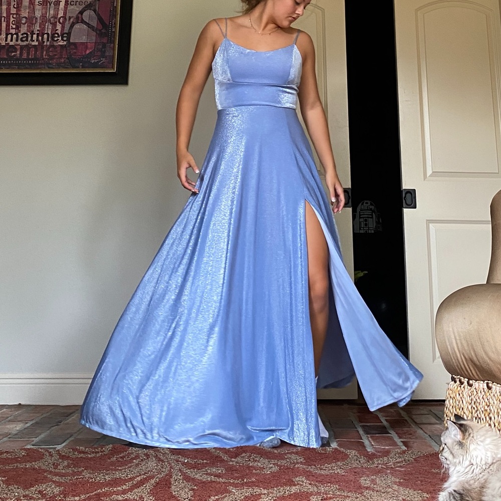 Shimmering Periwinkle Prom Gown with High Slit